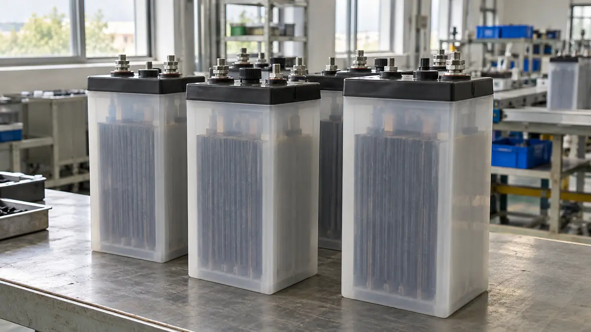 Illustrative image of nickel-iron batteries on a workshop surface.