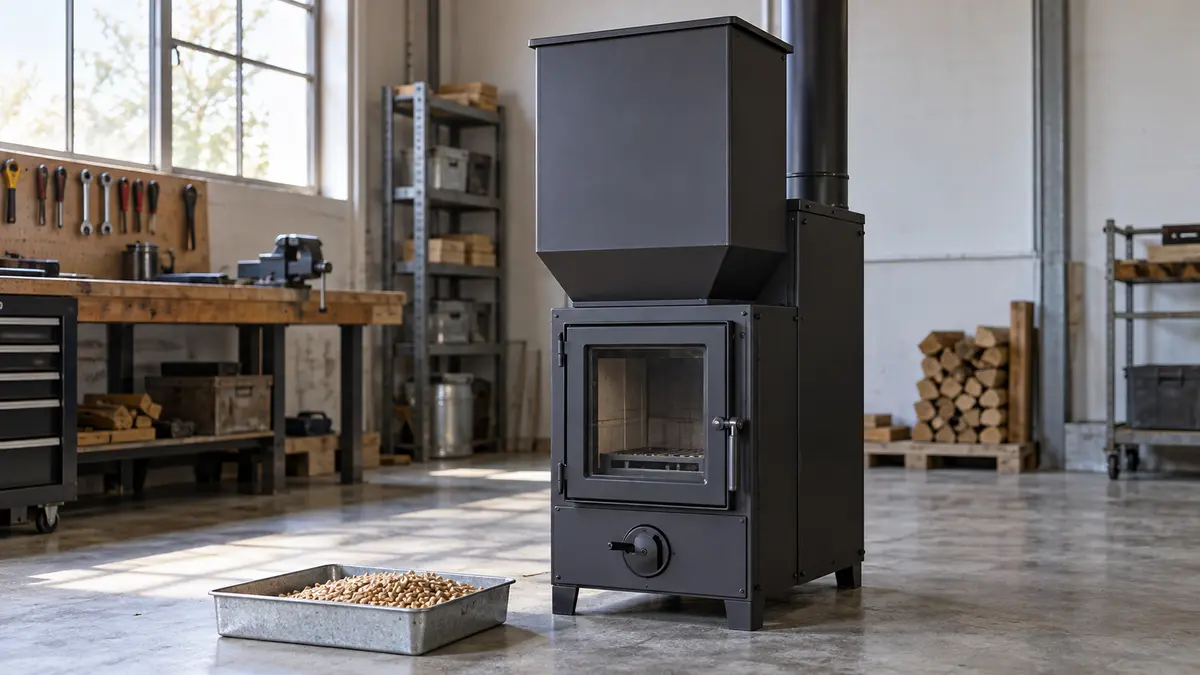 Illustrative image of non-electric pellet stoves on a workshop surface.