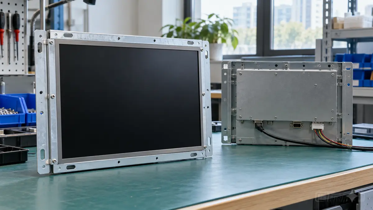 Illustrative image of open-frame monitors on a workshop surface.