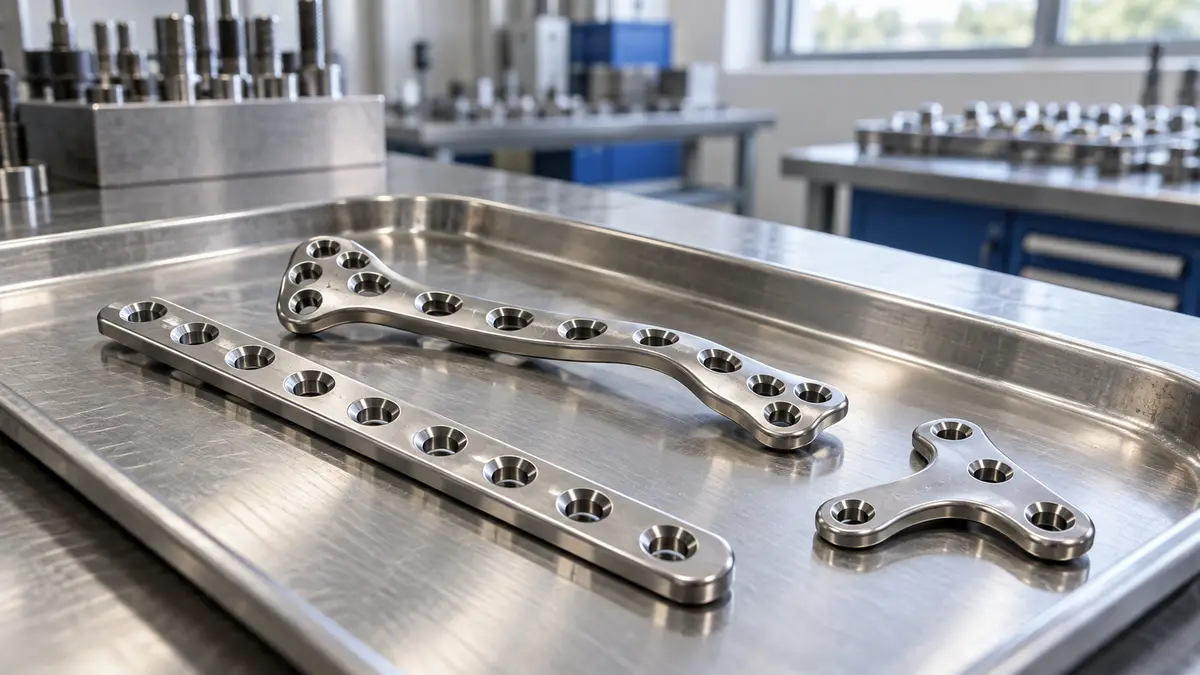 Illustrative image of bone fixation plates on a workshop surface.