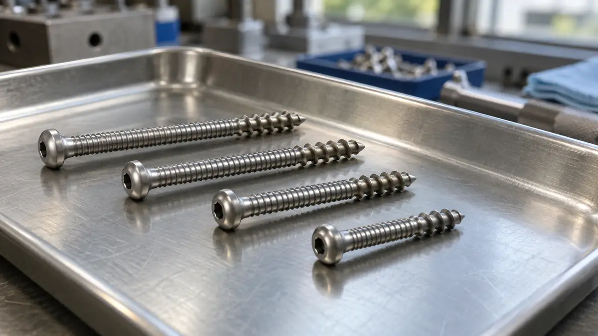 Illustrative image of orthopaedic bone screws on a workshop surface.
