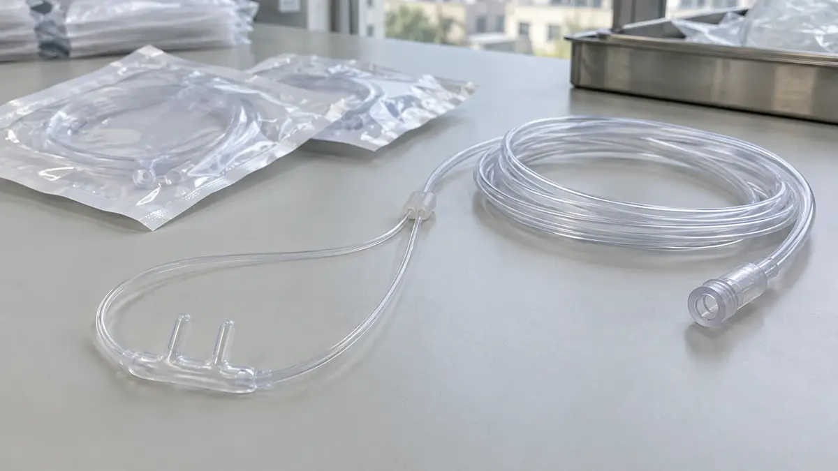 Illustrative image of oxygen nasal cannulas on a workshop surface.