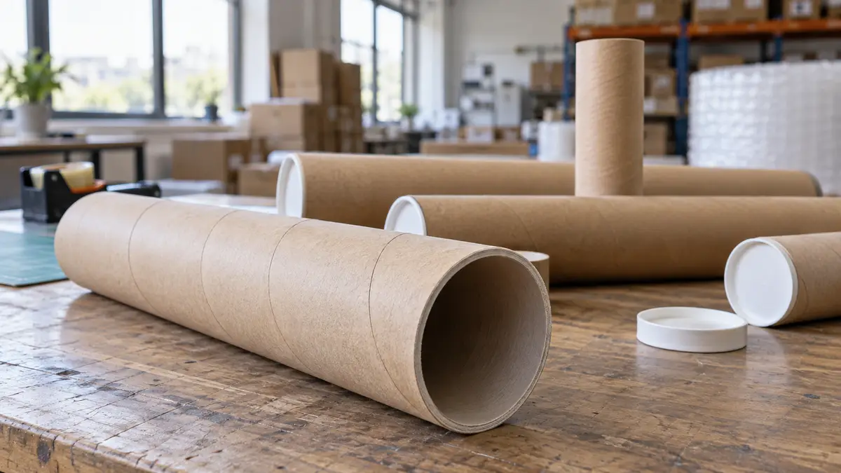 Illustrative image of paperboard postal tubes on a workshop surface.