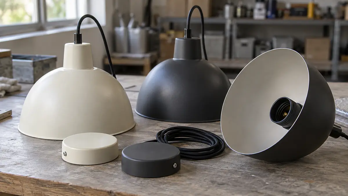 Illustrative image of pendant light fittings on a workshop surface.