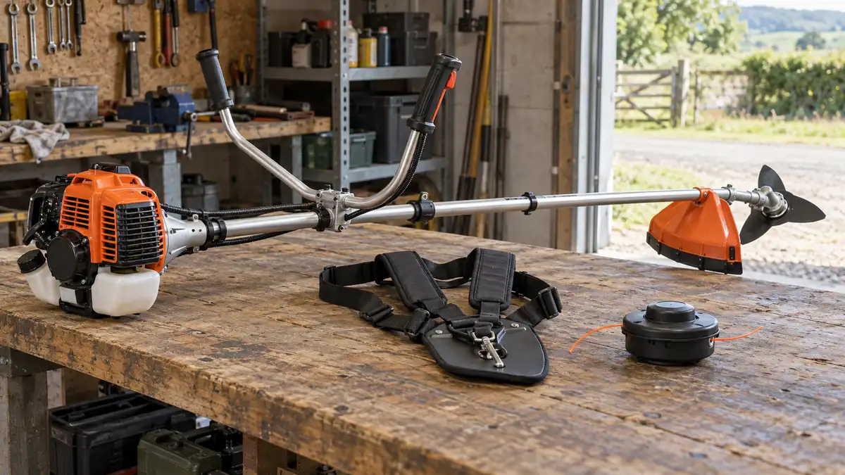 Illustrative image of petrol brush cutters on a workshop surface.