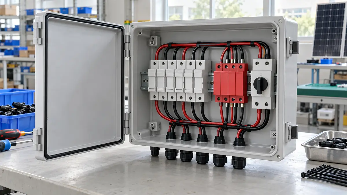 Illustrative image of PV DC combiner boxes on a workshop surface.