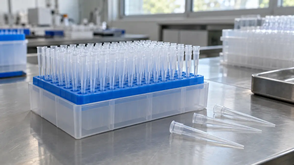 Illustrative image of pipette tips on a workshop surface.