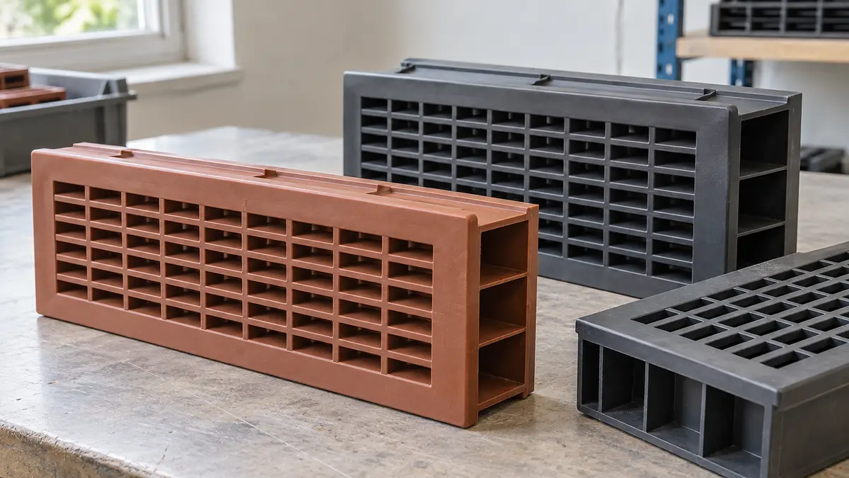 Illustrative image of plastic air bricks on a workshop surface.