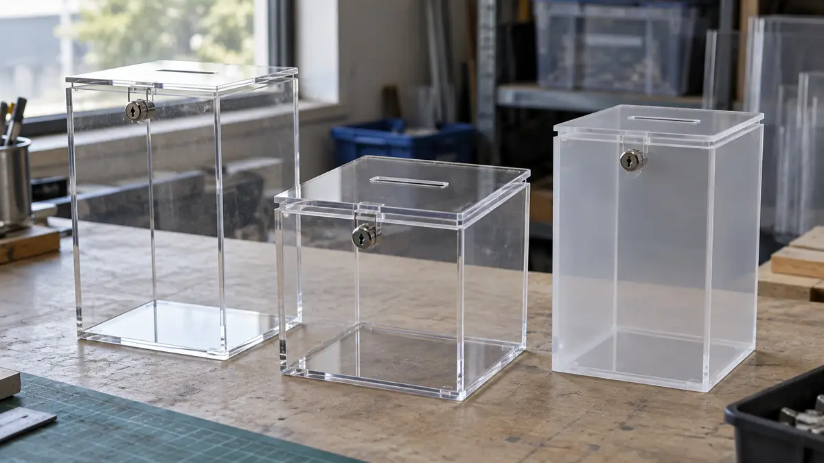 Illustrative image of plastic donation boxes on a workshop surface.