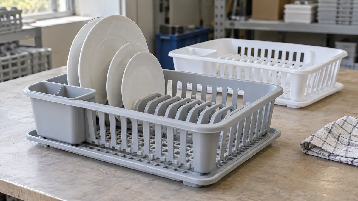 Illustrative image of plastic dish drainers on a workshop surface.
