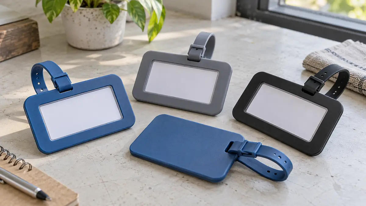 Illustrative image of plastic luggage tags on a workshop surface.