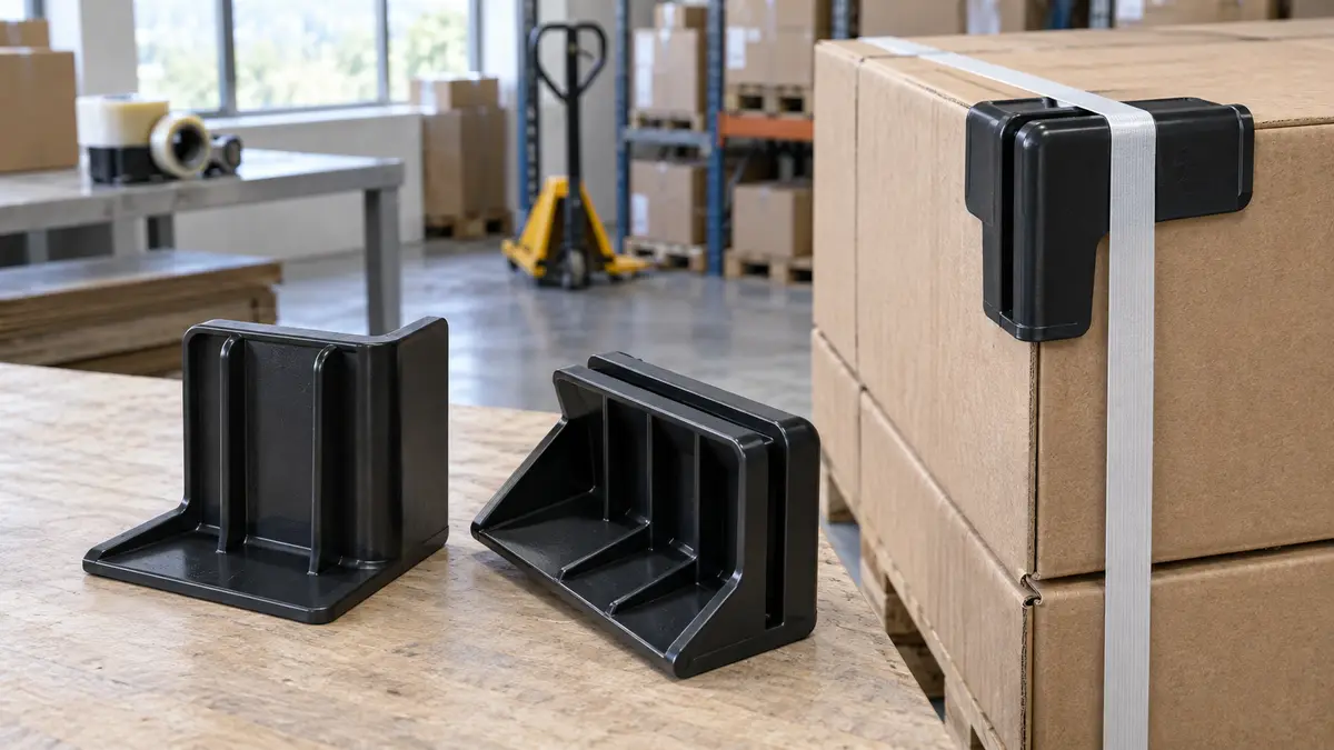 Illustrative image of plastic pallet corners on a workshop surface.
