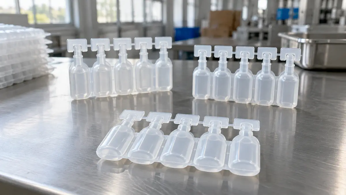 Illustrative image of plastic unit-dose ampoules on a workshop surface.