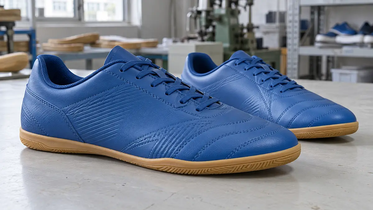 Illustrative image of plastic-upper futsal shoes on a workshop surface.