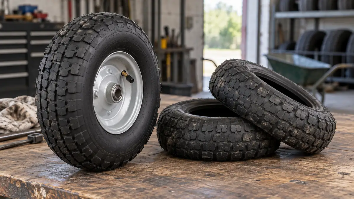 Illustrative image of pneumatic wheelbarrow tyres on a workshop surface.