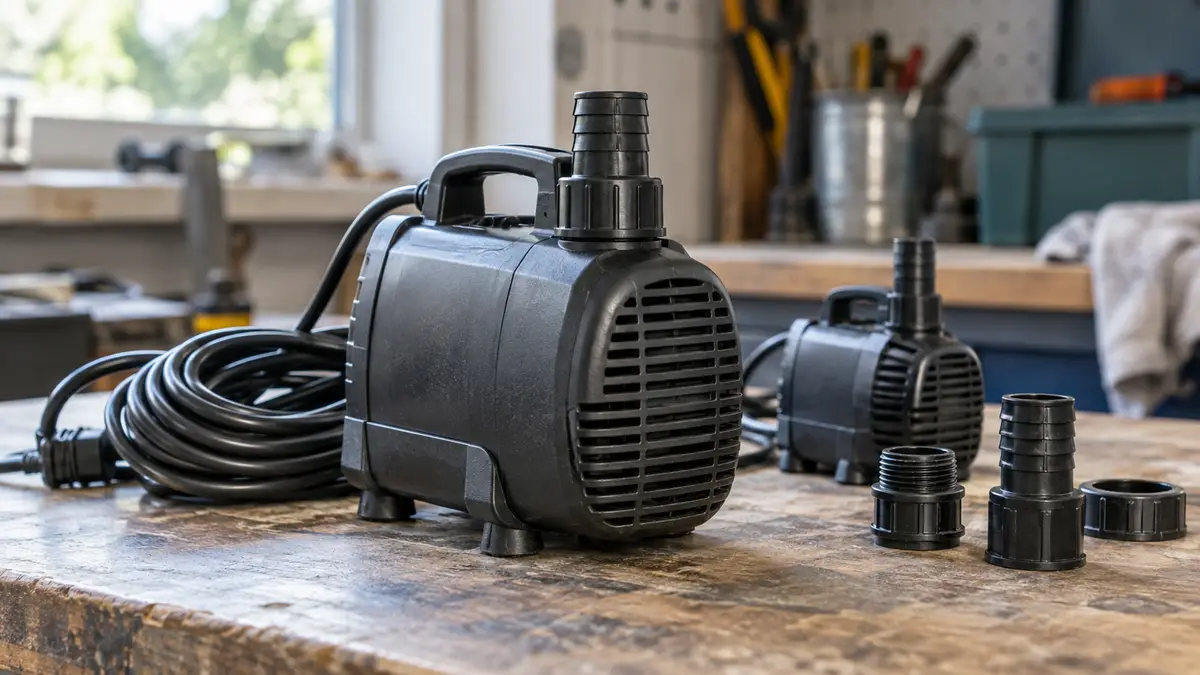 Illustrative image of pond pumps on a workshop surface.