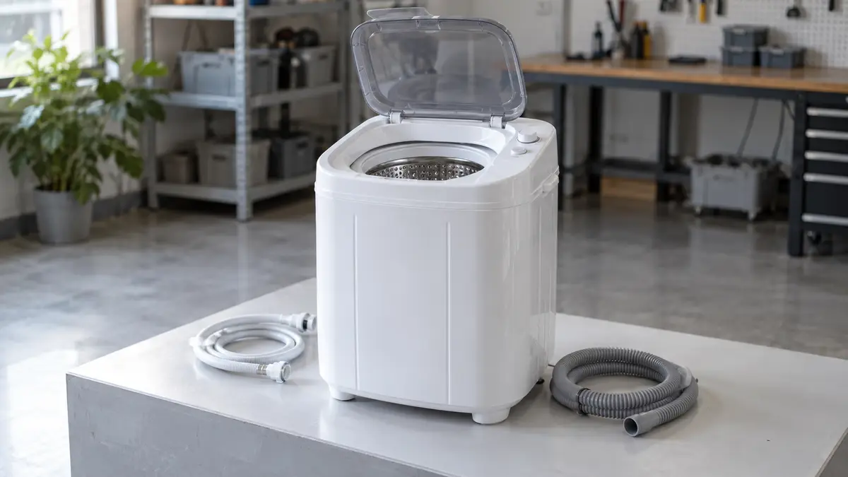 Illustrative image of portable mini washing machines on a workshop surface.