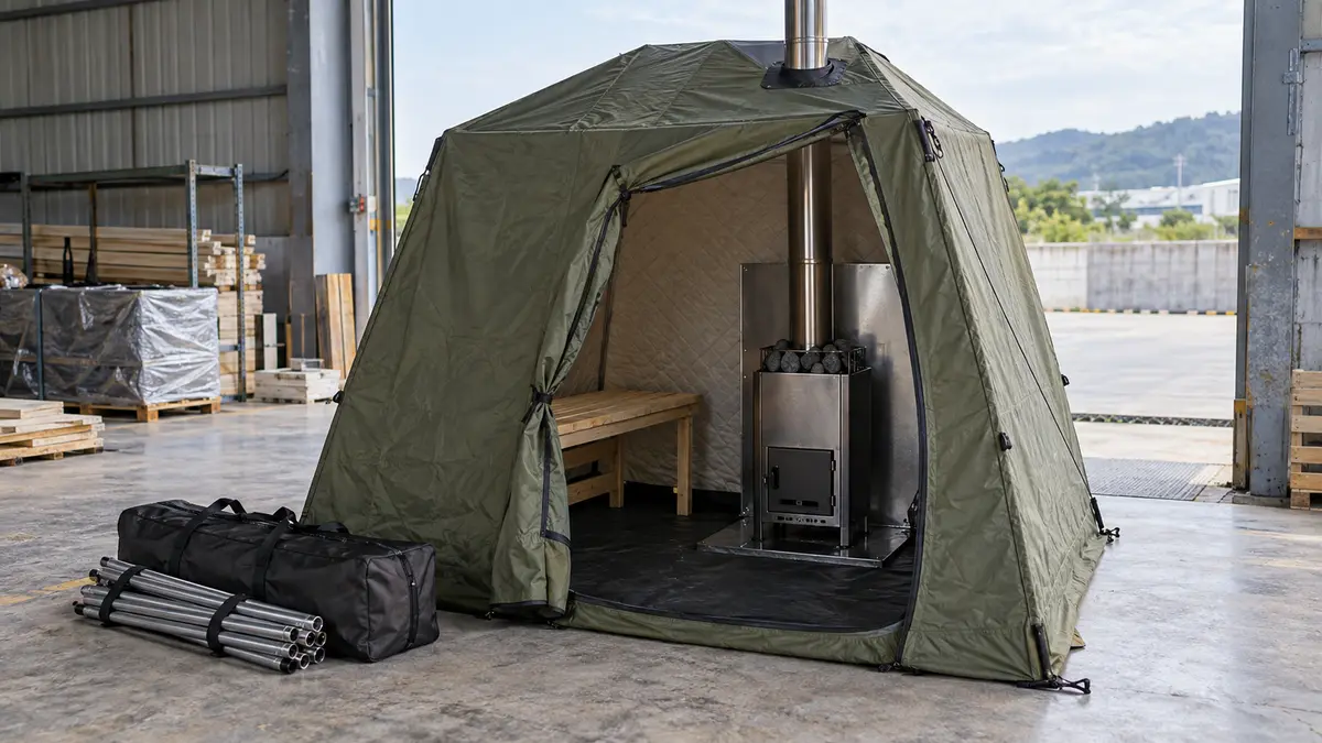 Illustrative image of portable wood-fired saunas on a workshop surface.