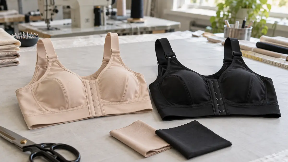 Illustrative image of surgical compression bras on a workshop surface.