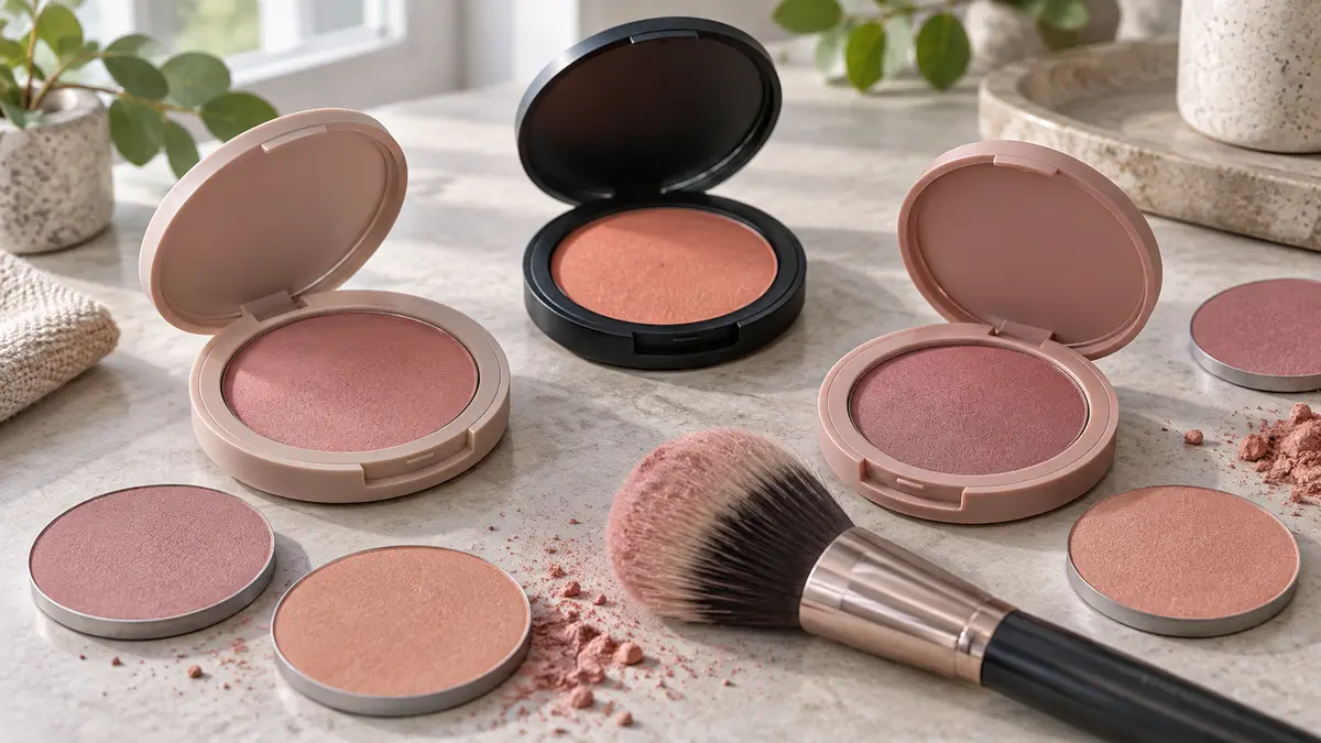 Illustrative image of powder blusher on a workshop surface.