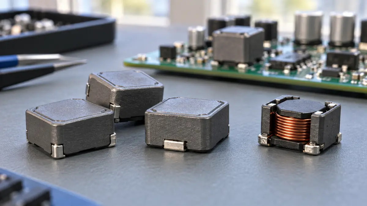 Illustrative image of power inductors on a workshop surface.