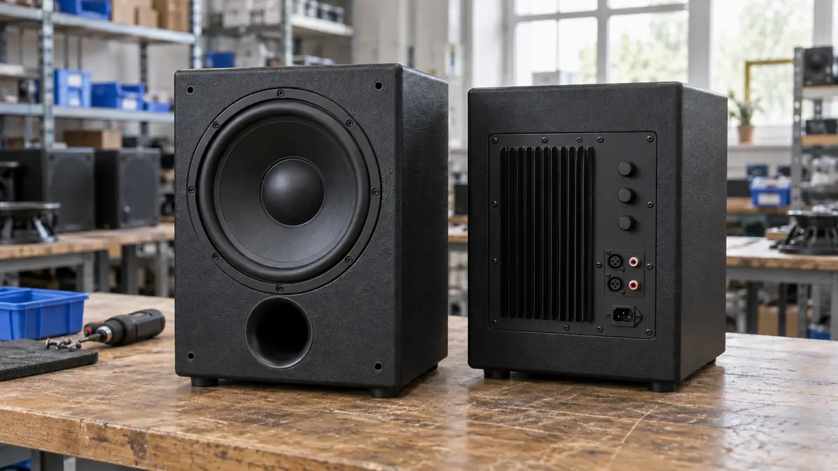 Illustrative image of powered subwoofers on a workshop surface.