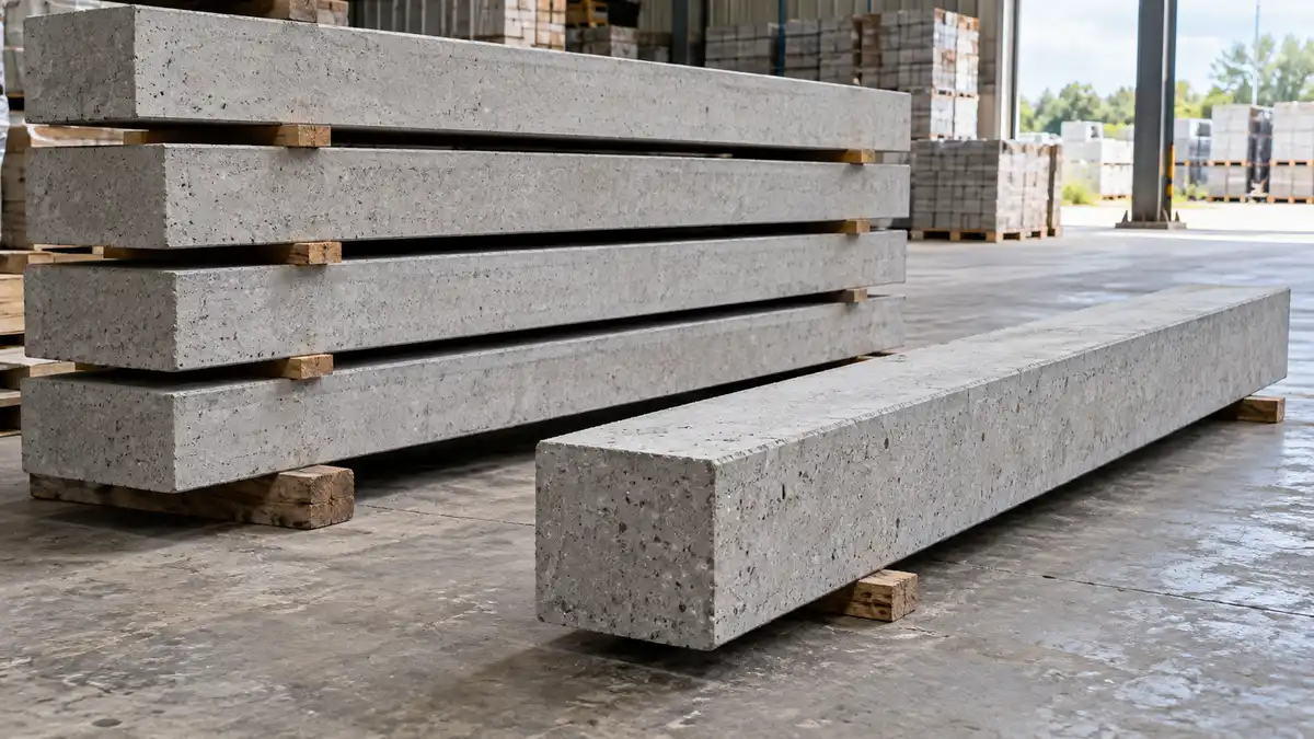 Illustrative image of precast concrete lintels on a workshop surface.