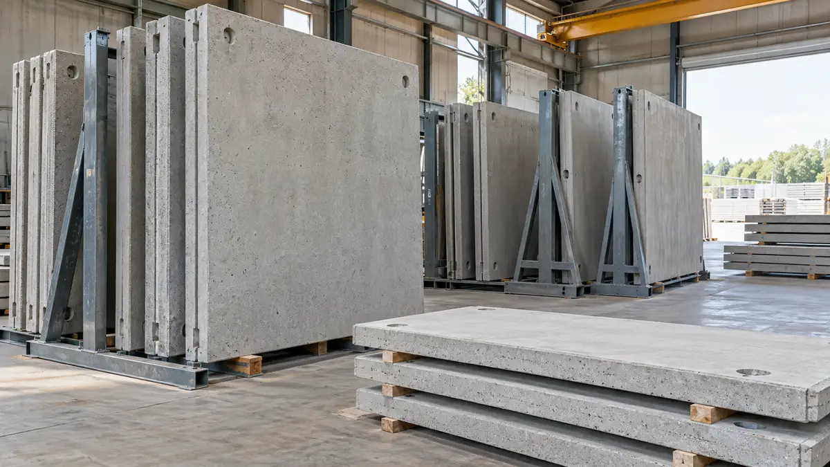 Illustrative image of precast wall panels on a workshop surface.