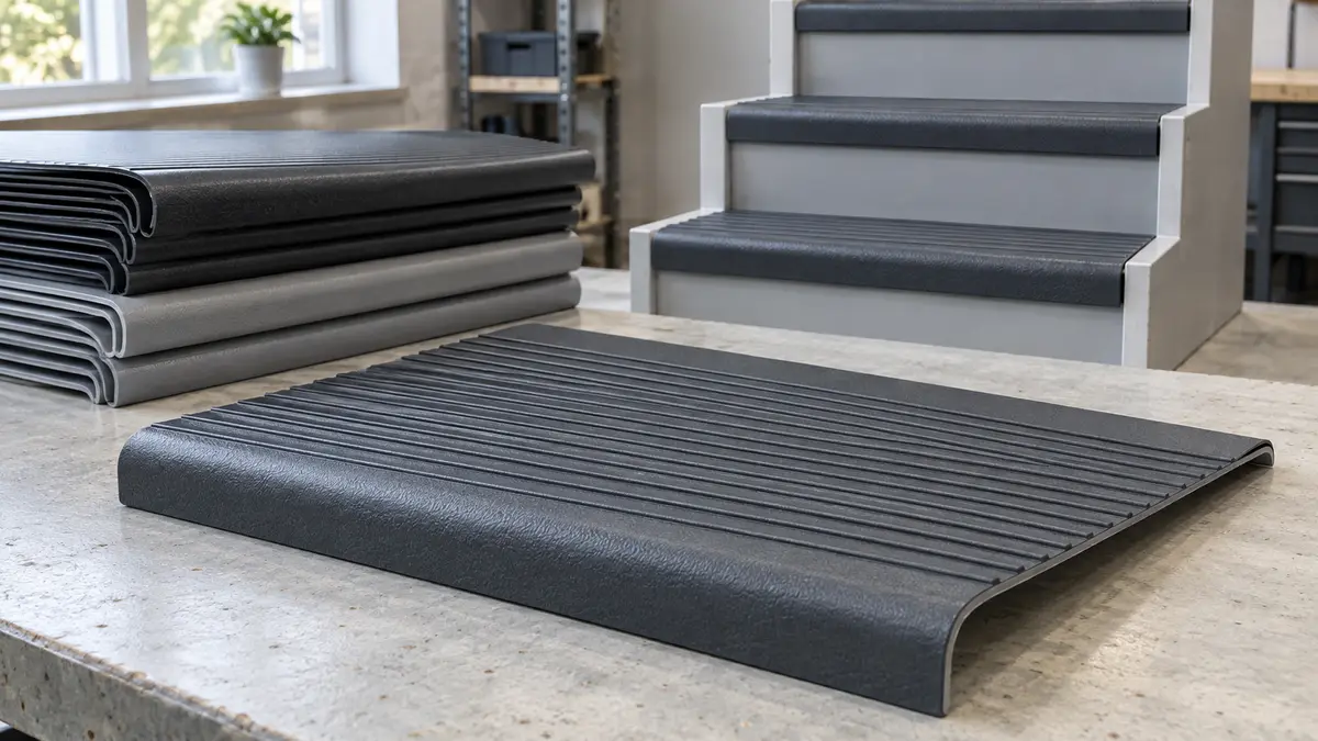 Illustrative image of PVC stair treads on a workshop surface.