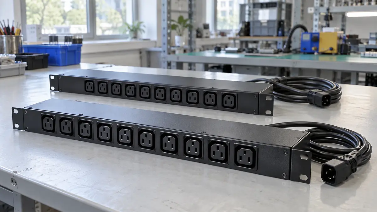 Illustrative image of rack power distribution units on a workshop surface.