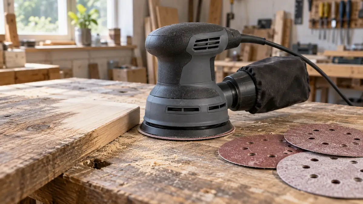 Illustrative image of random orbital sanders on a workshop surface.