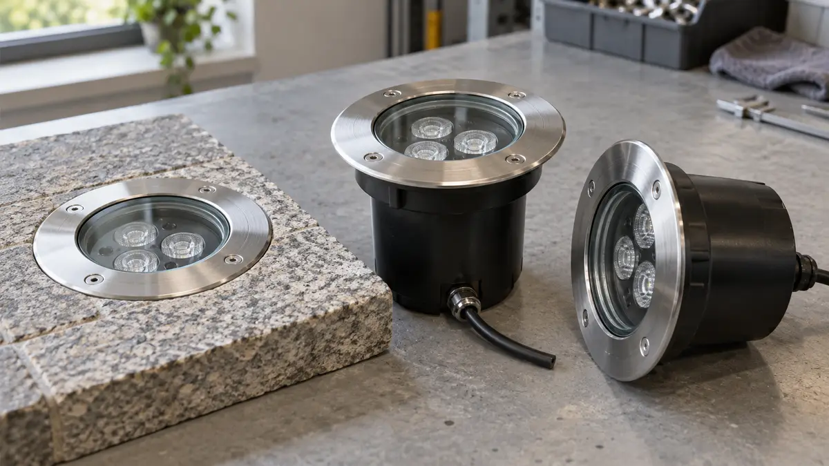 Illustrative image of recessed ground lights on a workshop surface.