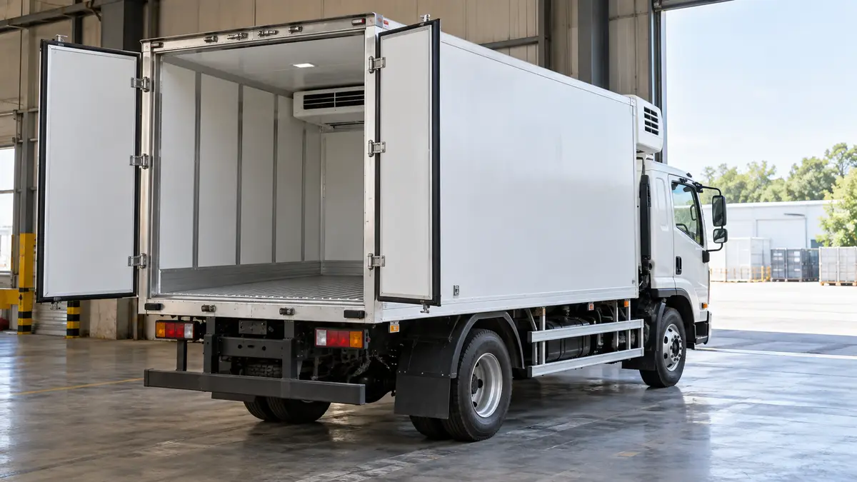Illustrative image of refrigerated trucks on a workshop surface.
