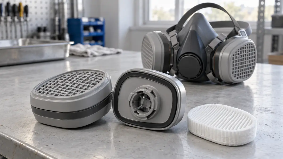 Illustrative image of respirator cartridges on a workshop surface.