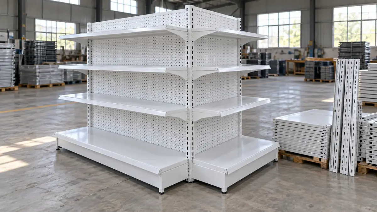Illustrative image of retail gondola shelving on a workshop surface.