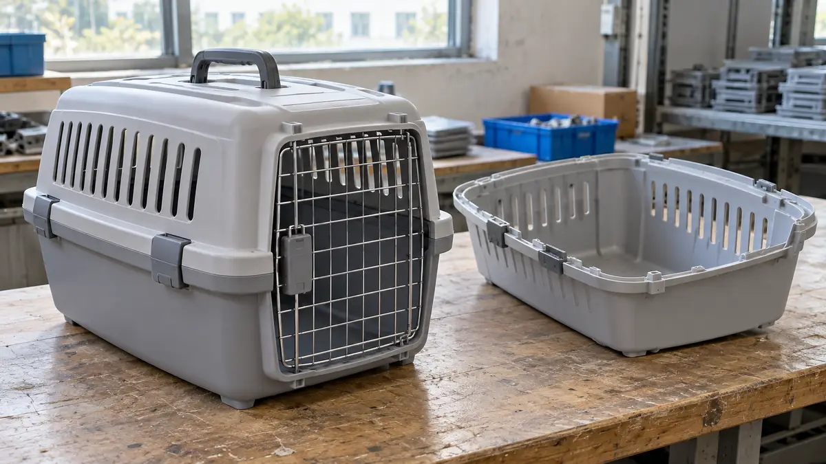 Illustrative image of rigid plastic pet carriers on a workshop surface.