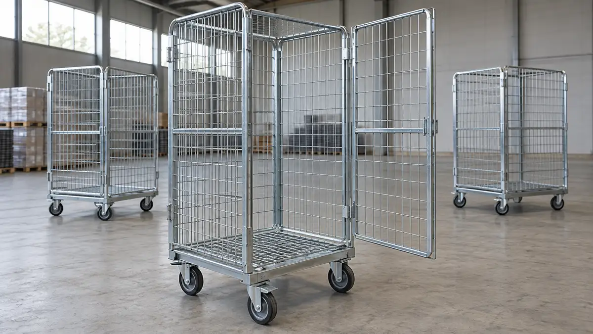 Illustrative image of roll cage trolleys on a workshop surface.