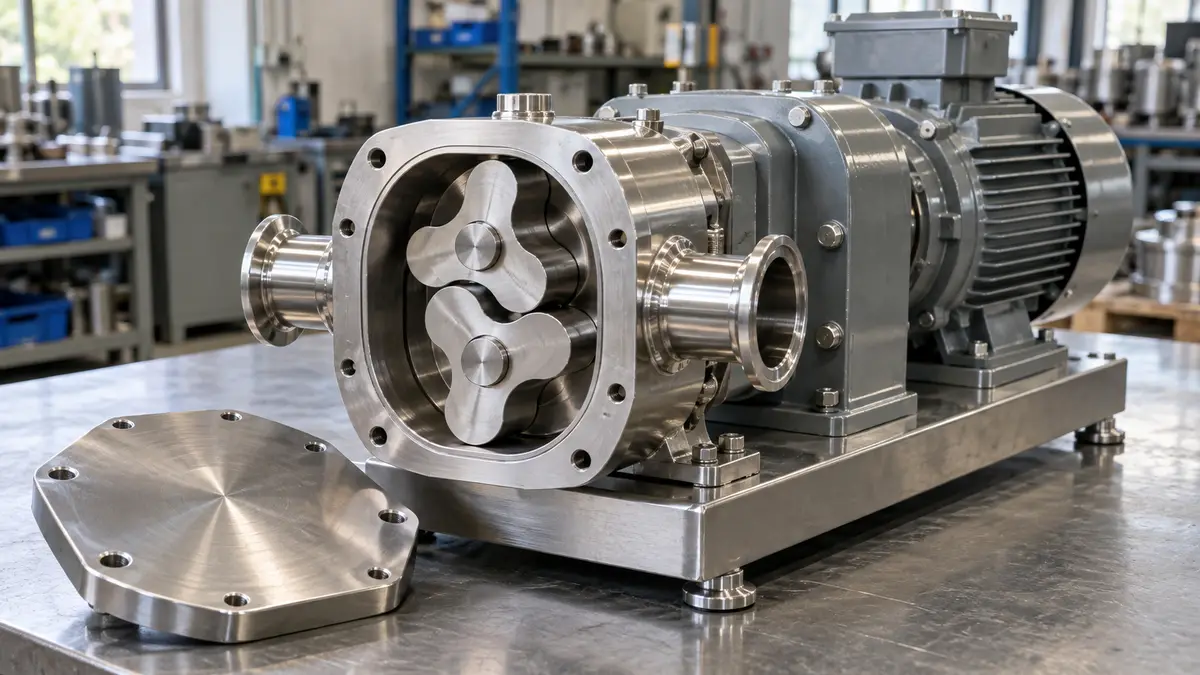 Illustrative image of rotary lobe pumps on a workshop surface.