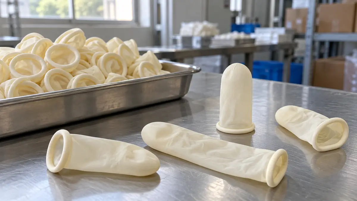 Illustrative image of rubber finger cots on a workshop surface.