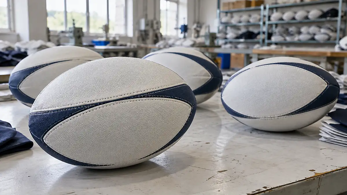 Illustrative image of rugby balls on a workshop surface.