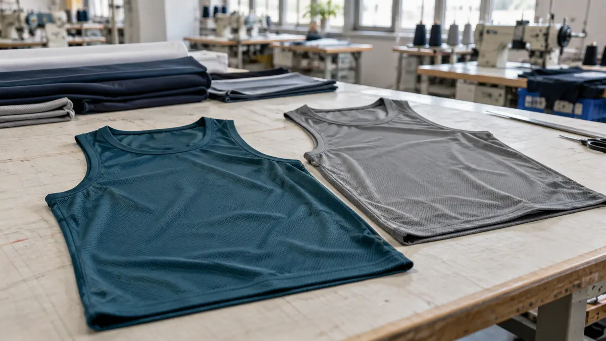 Illustrative image of running vests on a workshop surface.