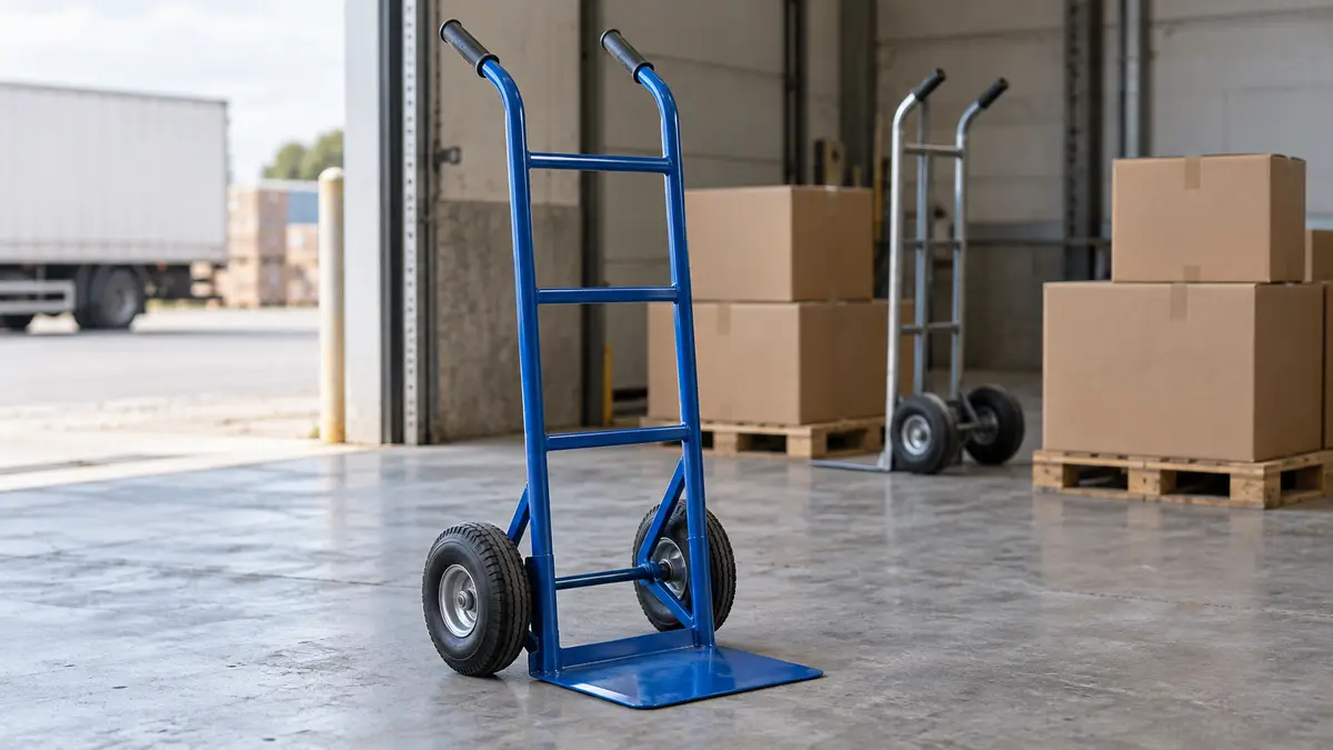 Illustrative image of sack trucks on a workshop surface.