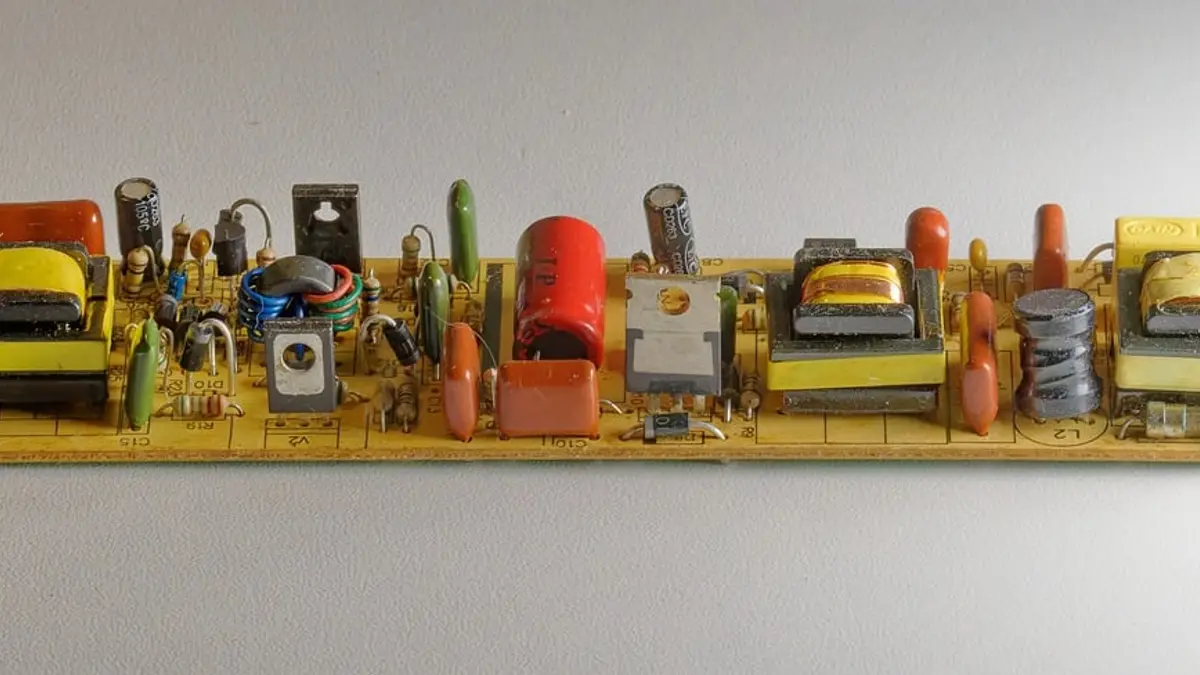 Electronic components including diodes, a transistor, a transformer and a resistor.