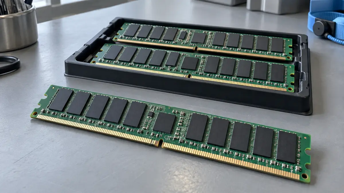 Illustrative image of server memory modules on a workshop surface.