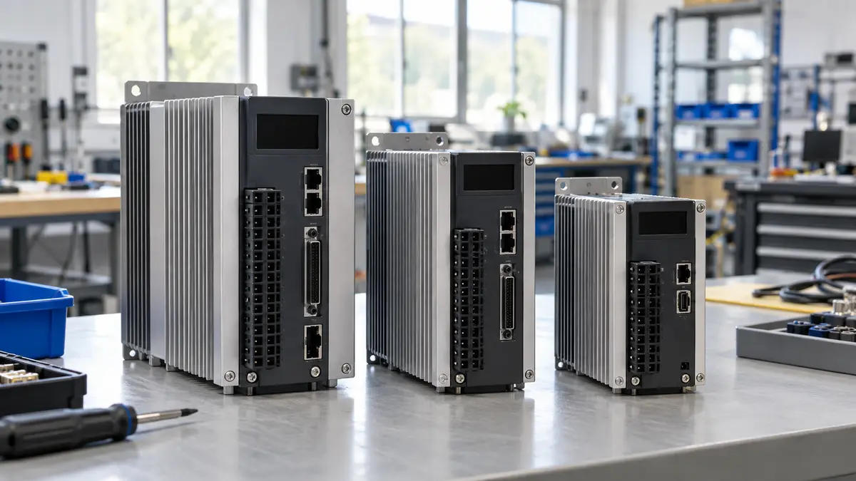 Illustrative image of servo drives on a workshop surface.