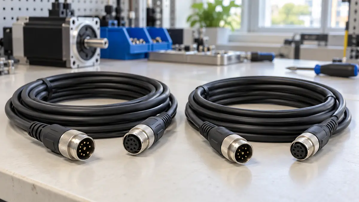 Illustrative image of servo motor feedback cables on a workshop surface.