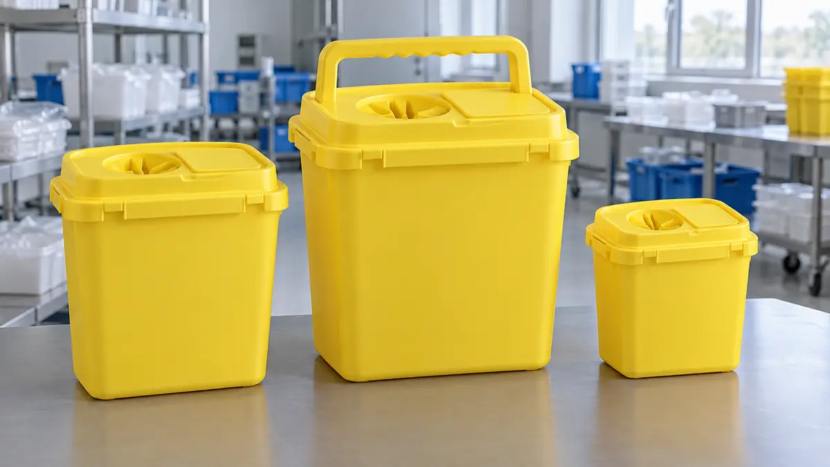 Illustrative image of sharps containers on a workshop surface.