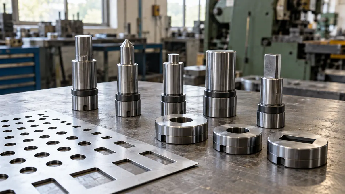Illustrative image of sheet metal punching tools on a workshop surface.