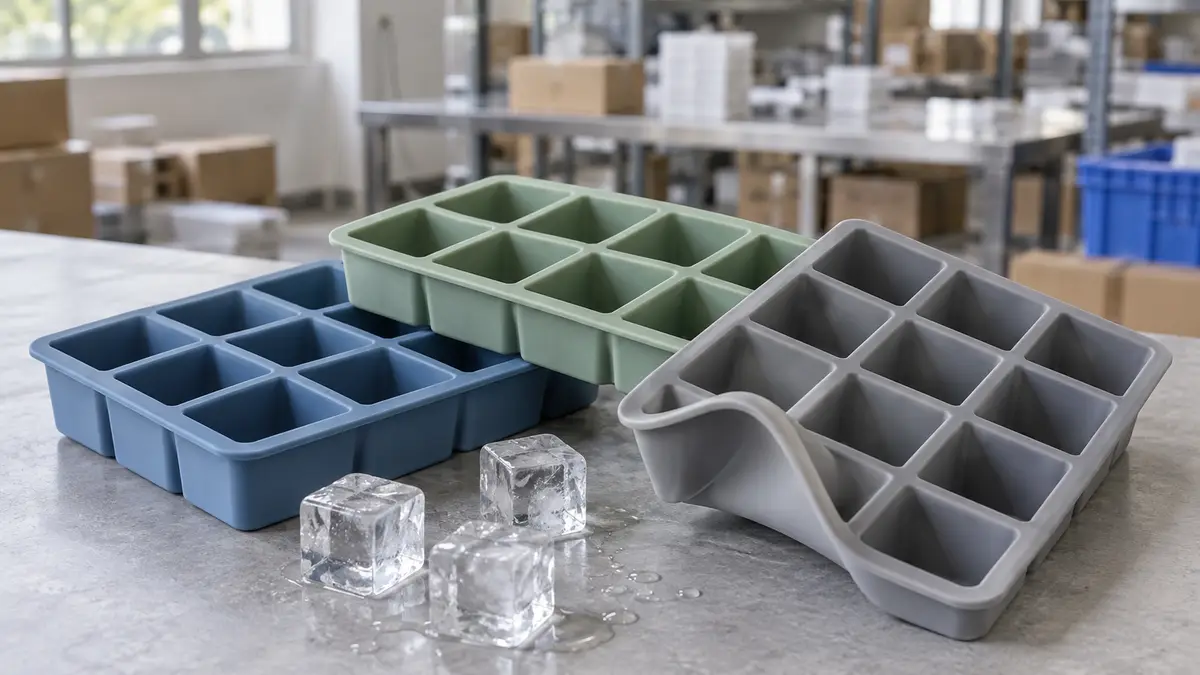 Illustrative image of silicone ice cube trays on a workshop surface.