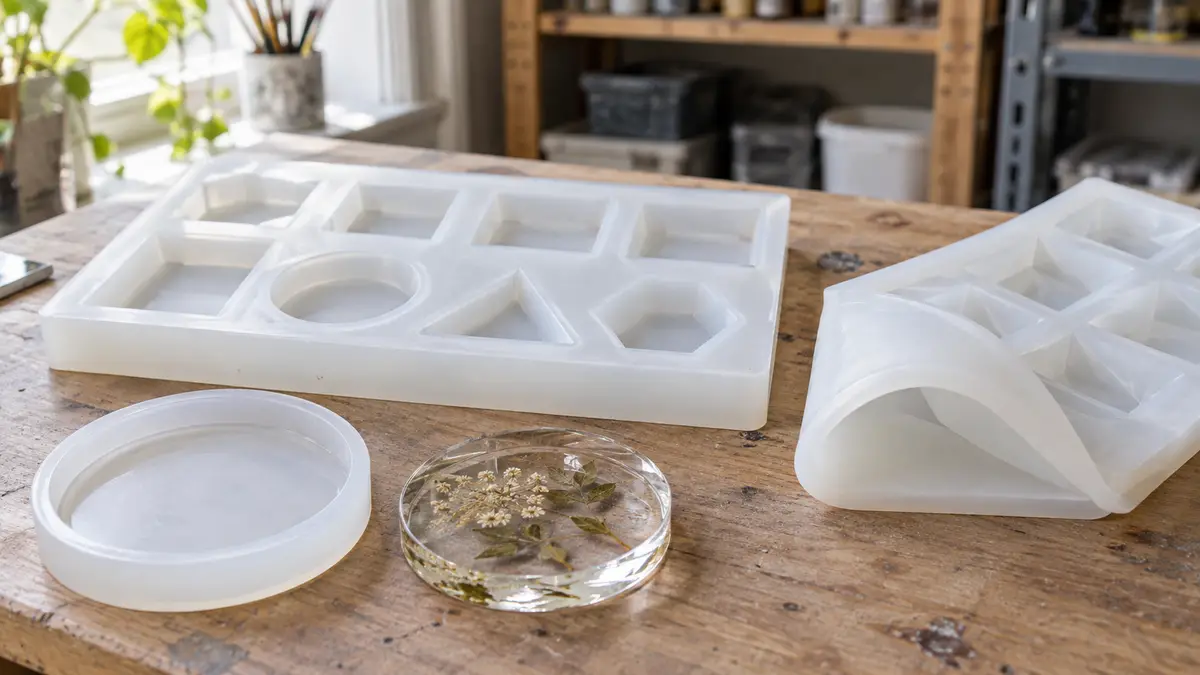 Illustrative image of silicone resin moulds on a workshop surface.